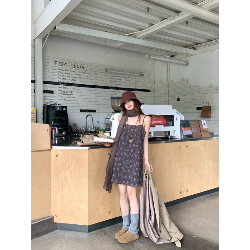 实拍 美式复古翻领大口袋风衣紫色碎花吊带裙法式无袖连衣裙套装|undefined