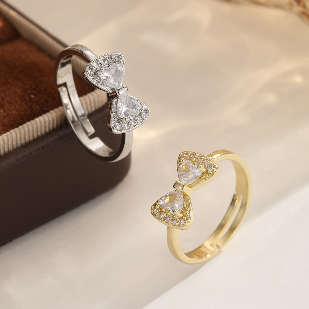 French-style elegant bow zircon ring with adjustable opening design, suitable for daily commuting, sweet and stylish index finger ring