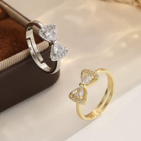French-style elegant bow zircon ring with adjustable opening design, suitable for daily commuting, sweet and stylish index finger ring