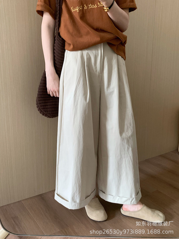 水洗纯棉阔腿裤子女2025秋季新款韩版松紧腰宽松休闲直筒长裤R40|undefined