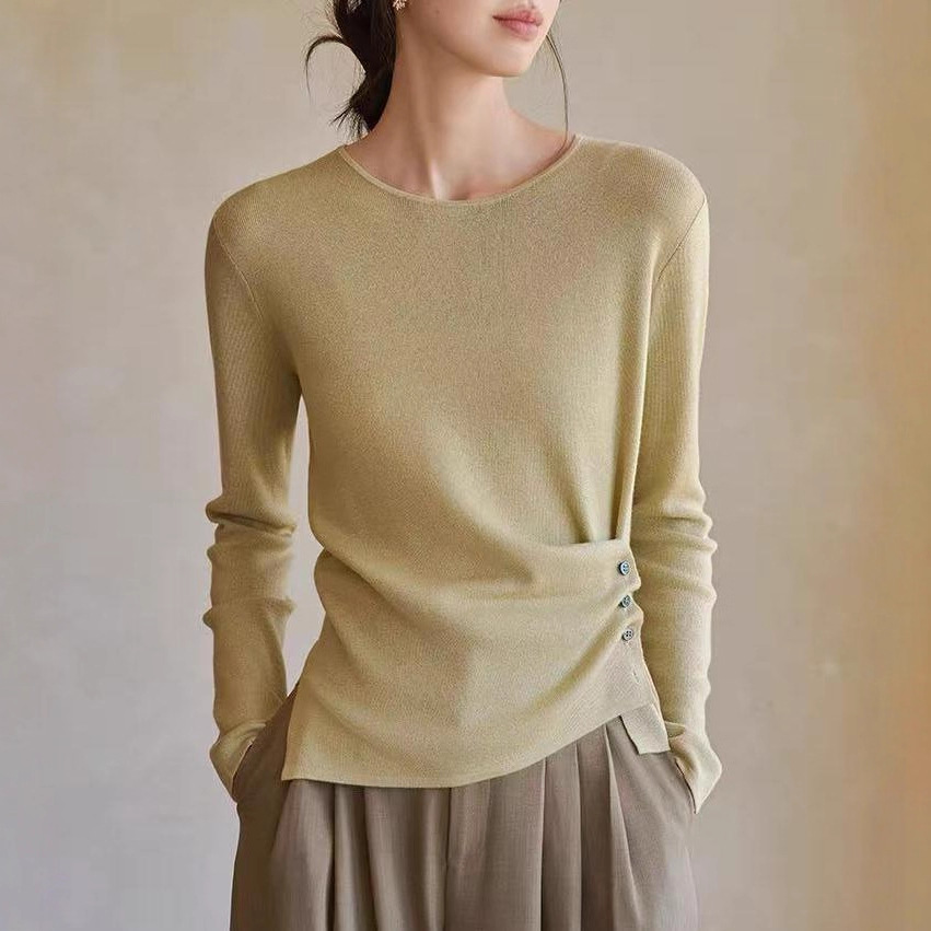 So Beautiful ~ Worsted Wool Round Neck Asymmetrical Pleated Design Hem Long-Sleeved Women's Autumn and Winter Bottoming Knitwear