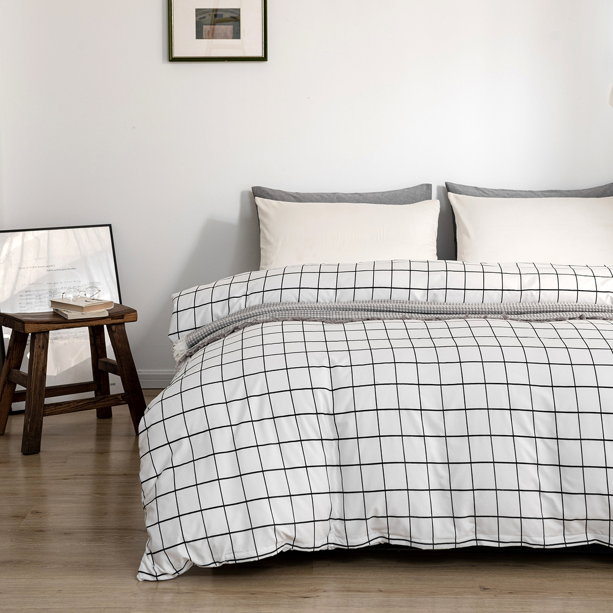 Home textile minimalist Nordic style bedding dormitory single piece sheet matte printed black and white checkered duvet_voghion.com
