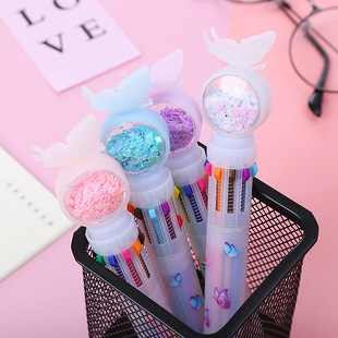 Korean stationery sequins butterfly ten-color press ballpoint pen multifunctional transparent color pen student hand account pen wholesale