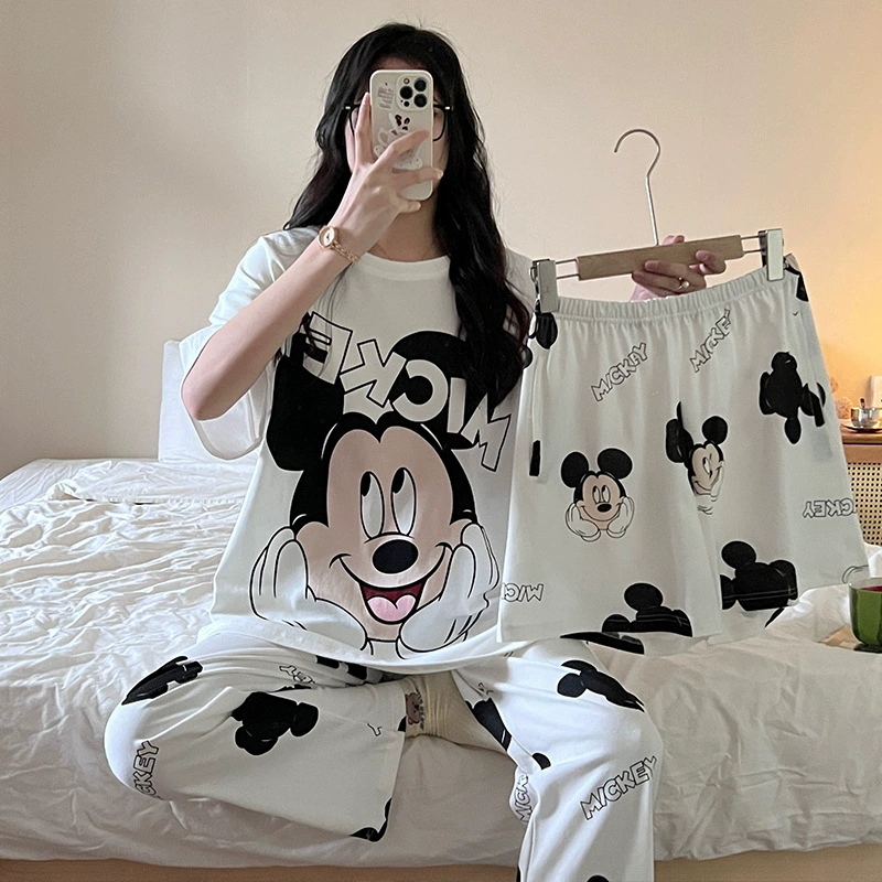 Пижама, женский летний костюм-тройка, тонкие брюки с короткими рукавами, Повседневная Милая мультяшная верхняя одежда, Женская домашняя одежда