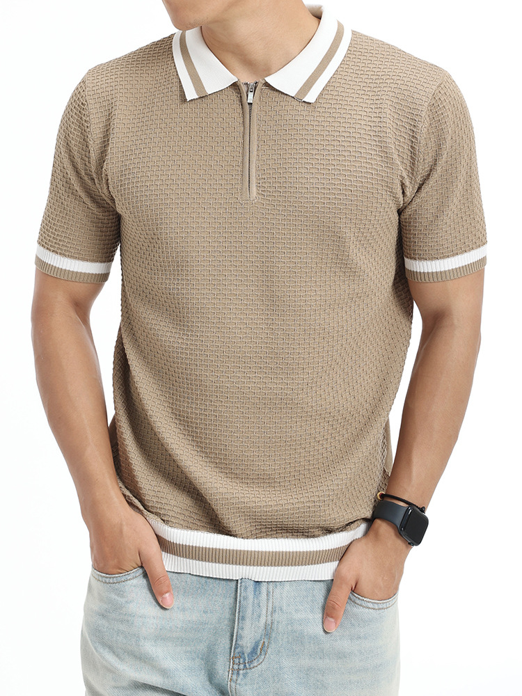 Camiseta de polo de punto de costilla de hielo con cuello superior de manga corta para hombre ligero estilo de negocios casual alta sensación de ropa de hombre
