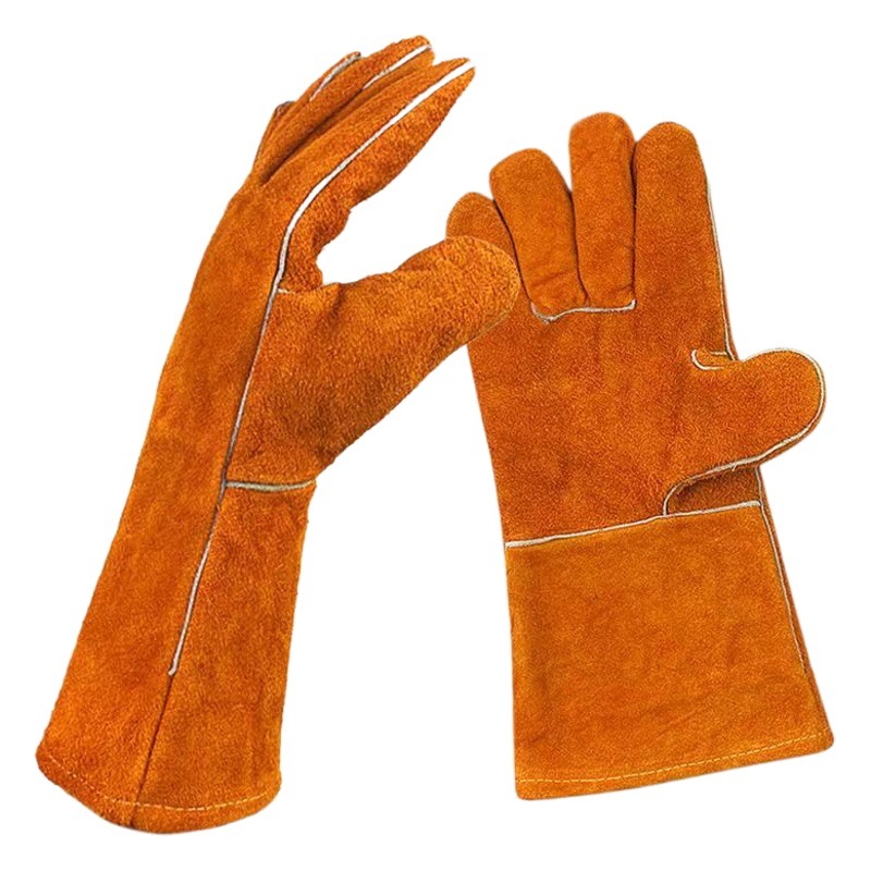 Guantes largos de cuero para soldar, para manos izquierda y derecha, guantes de trabajo de protección laboral de doble capa y gruesos