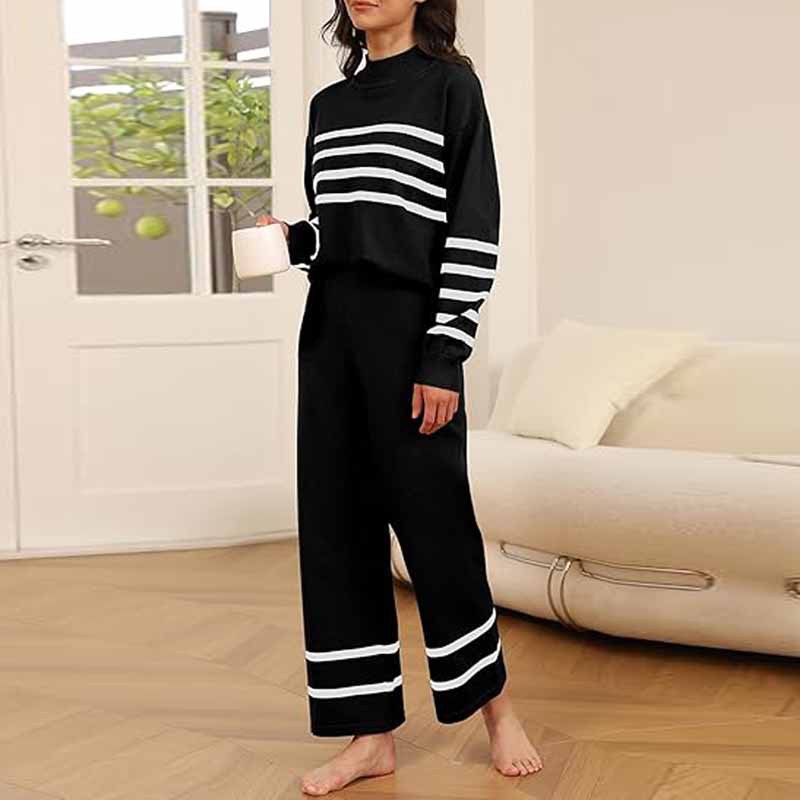 Strickset mit Kontraststreifen – Halb-Rollkragenpullover & Weite Hose (Oversized-Outfit)_voghion.com