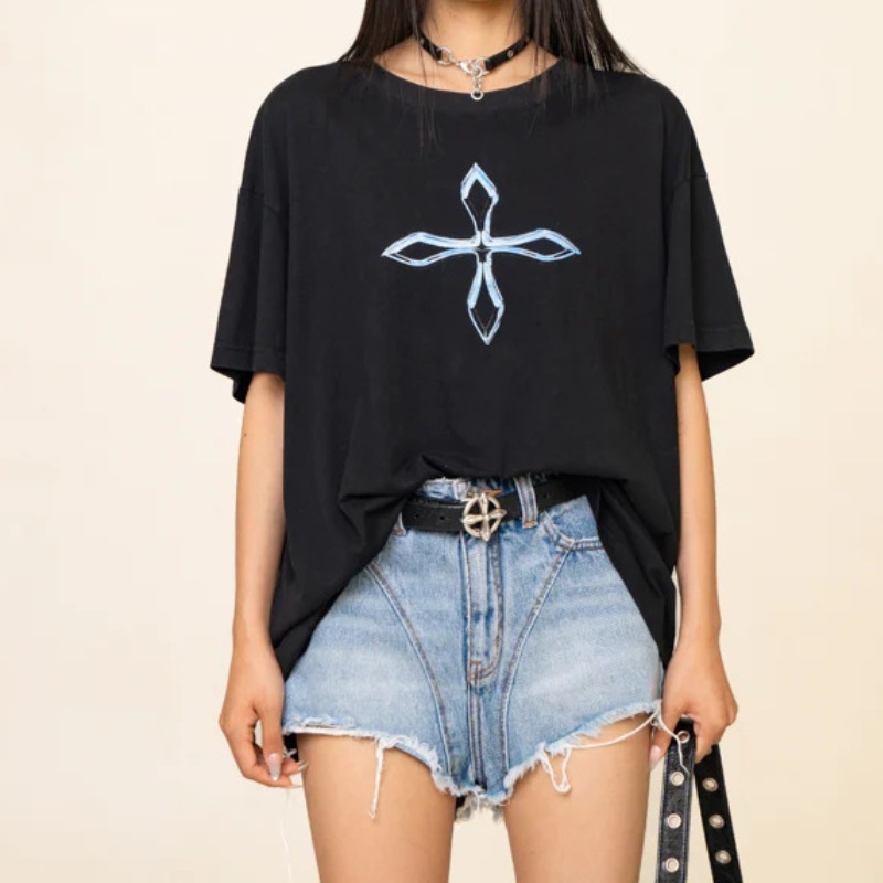 秋の新作 SMFK ドリームクロスフラワーレトロラウンドネックワイドTシャツ3色オプション半袖ルーズTシャツ女性用|undefined