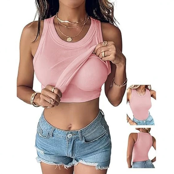 European and American Cross-Border Women's Built-In Bra Vest, Sleeveless Casual Shirt, High-Low Shoulder Ribbed Slim-Fit Vest