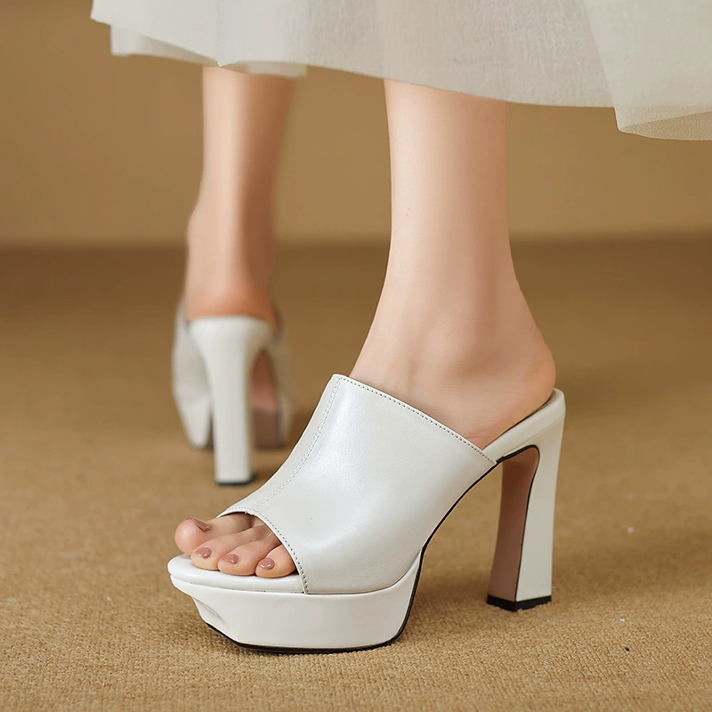 Обувь Женская обувь Летние тапочки Белые туфли на толстой подошве на высоком каблуке для ночного клуба Сексуальные тапочки на массивном каблуке больших размеров из овчины 40 SD