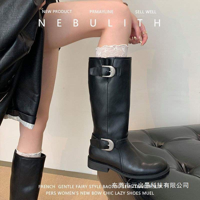 Dong Jie Style Metal Buckle Long Boots for Women 2025 New Suede Retro Round-Toe Mid-Calf Boots High Boots
