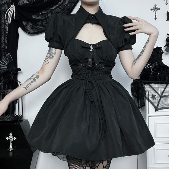 XY23355 Autumn New Polo Collar Puff Sleeve Blouse Top Corn Ribbon Slim Sling Dress for Women
