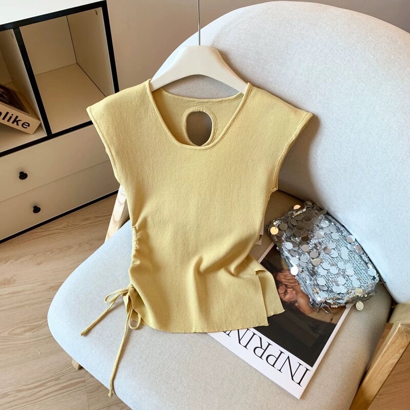 Klein Blue Drawstring Sleeveless Vest T-Shirt for Women, Summer Style with a Clever Back Cutout, Super Stylish Ice Silk Knit Top