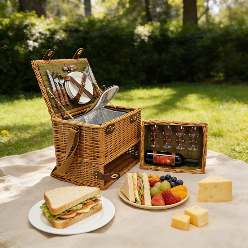 Fábrica directa cesta de picnic ratán portátil al aire libre plegable vegetal mimbre tejido cesta de almacenamiento con vajilla