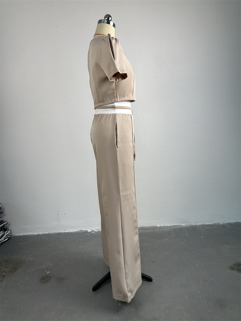 Women Clothing Spring Summer Round Neck Puff Sleeve Top Lace Up Wide Leg Pants Casual Suit