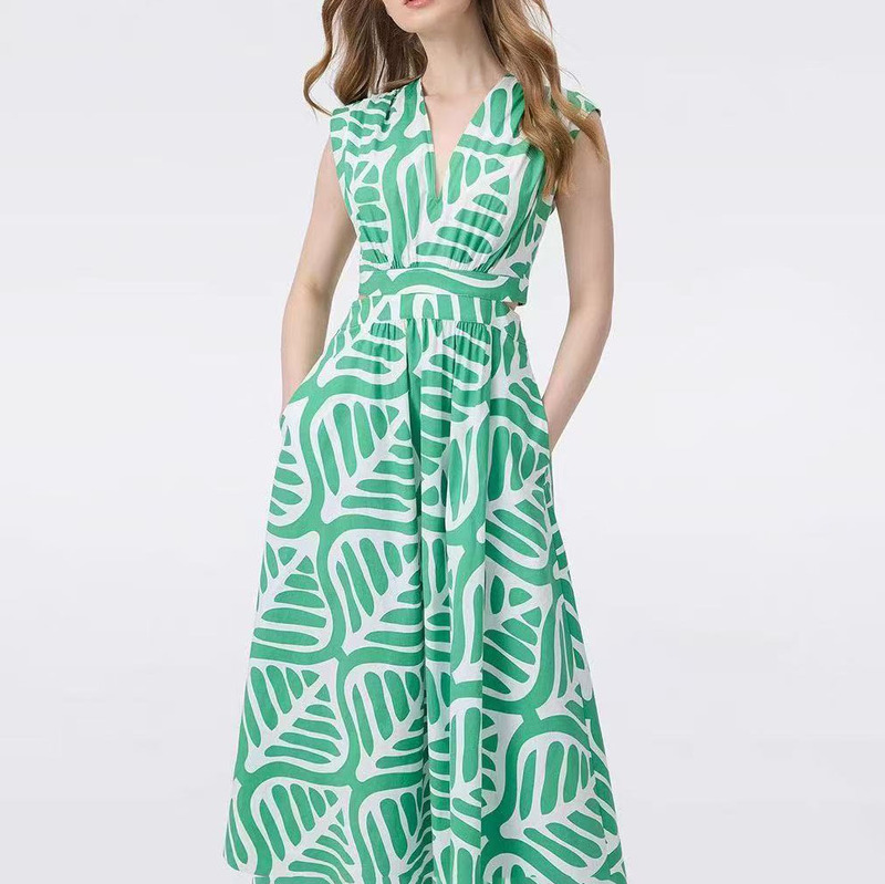 Nanyou Women's Dvf25 Early Autumn New Cotton Poplin Green and White Palm Leaf Waist Cut Sleeveless Printed Dress