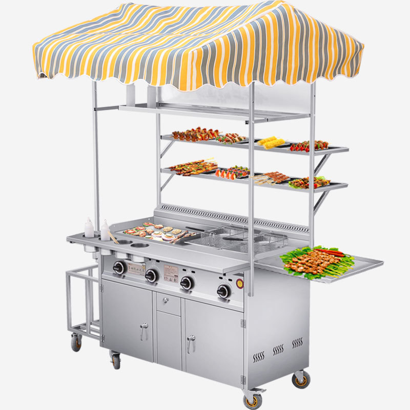 Carro de bocadillos fritos multifuncional, carro de tofu de calamar de hierro comercial, mercado nocturno de patatas fritas flotantes, carro de horno de cocción
