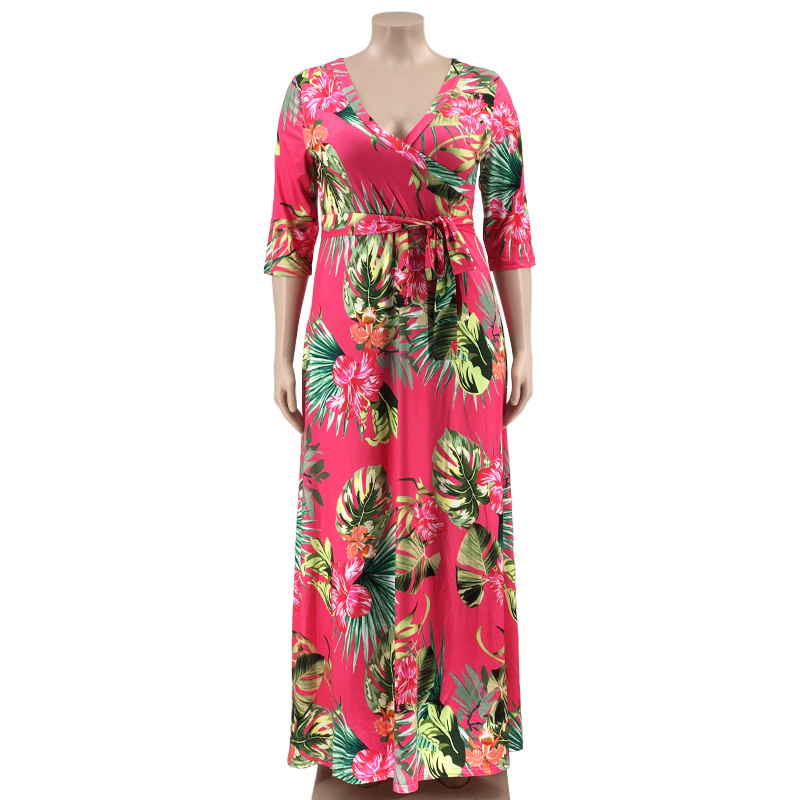 Swing-kleid Elegant V-ausschnitt Rippstrick Ärmel In 3/4-länge Blätter Maxi Langes Kleid Täglich display picture 5