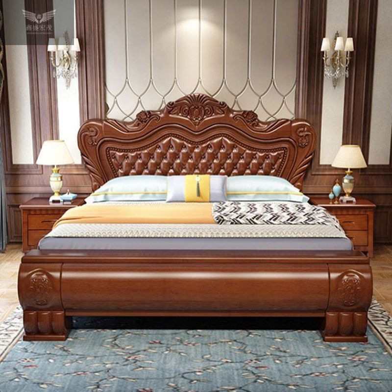Cama de madera maciza de estilo europeo Cama de boda de 1,8 m Cama de princesa tallada de lujo de 1,5 m Dormitorio principal Cama grande Cama de almacenamiento de caja alta Hogar