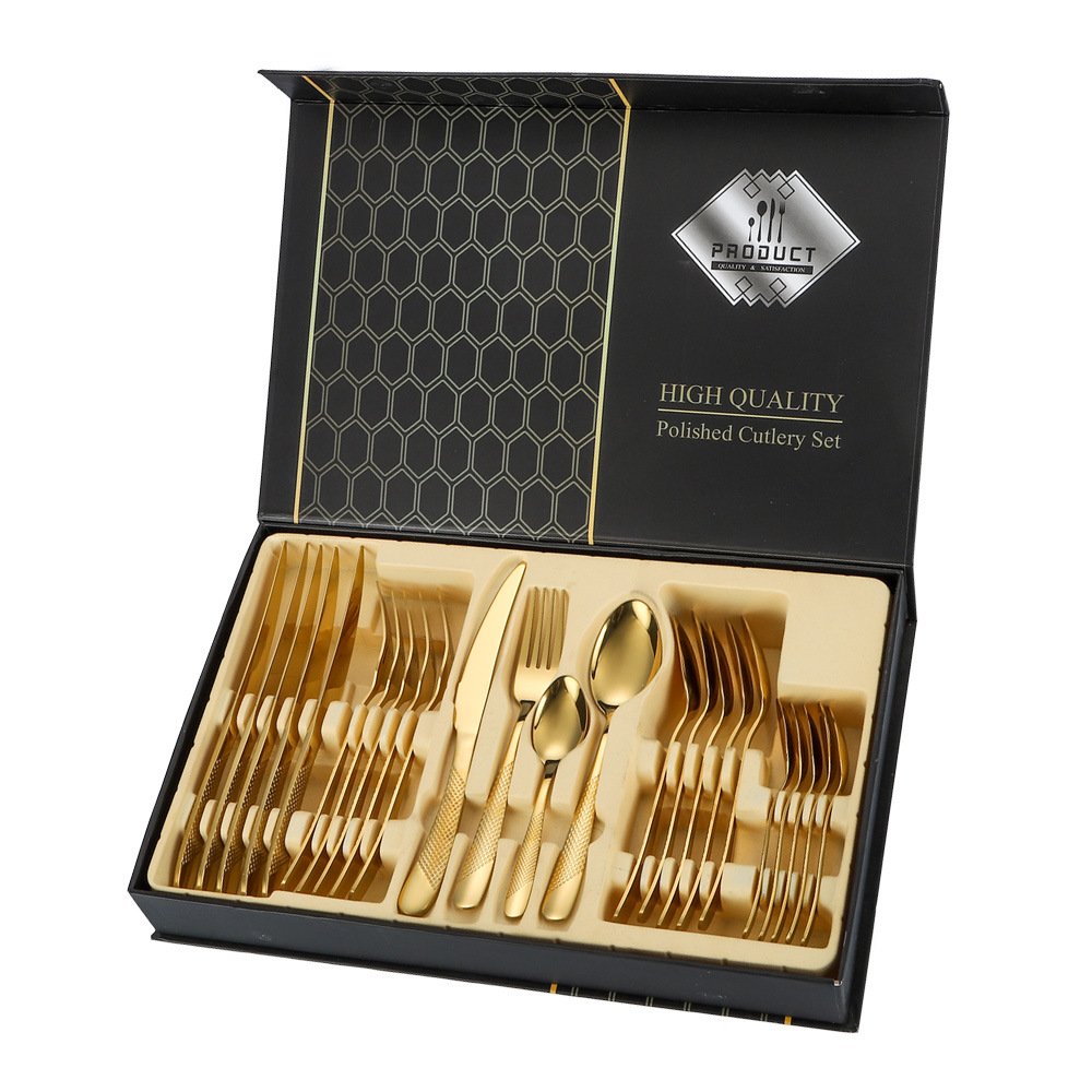 Amazon Acero inoxidable vajilla traje transfronterizo ruso occidental vajilla cuchillo, tenedor, cuchara, Diamante estrella traje de caja de regalo de 24 piezas