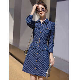 欧货小香风提花牛仔连衣裙2024秋季收腰显瘦气质别致印花职业裙女