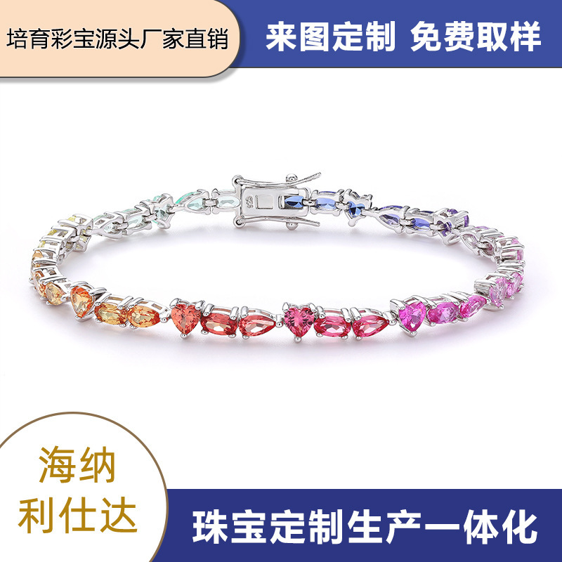 Ins Summer Vacation Style Water Drop Shaped 3X5 Gradient Cultured Sapphire Rainbow Gradient 925 Silver Tennis Bracelet