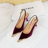 3716-6 Fashion Banquet Women's Shoes Wine Cup Heel High Heel Suede Metal Pointed Hollow Back Strap Women's Single Shoes