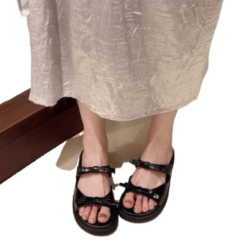 Bow tie flat slippers for women's summer wear 2026 new fashionable all-matching open-toe single-string sandals women's shoes