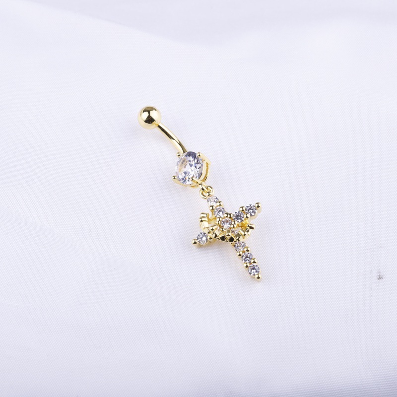 Diamond Crown Cross Belly Button Ring Gold Dangle Body Piercing Jewelry detail image 15