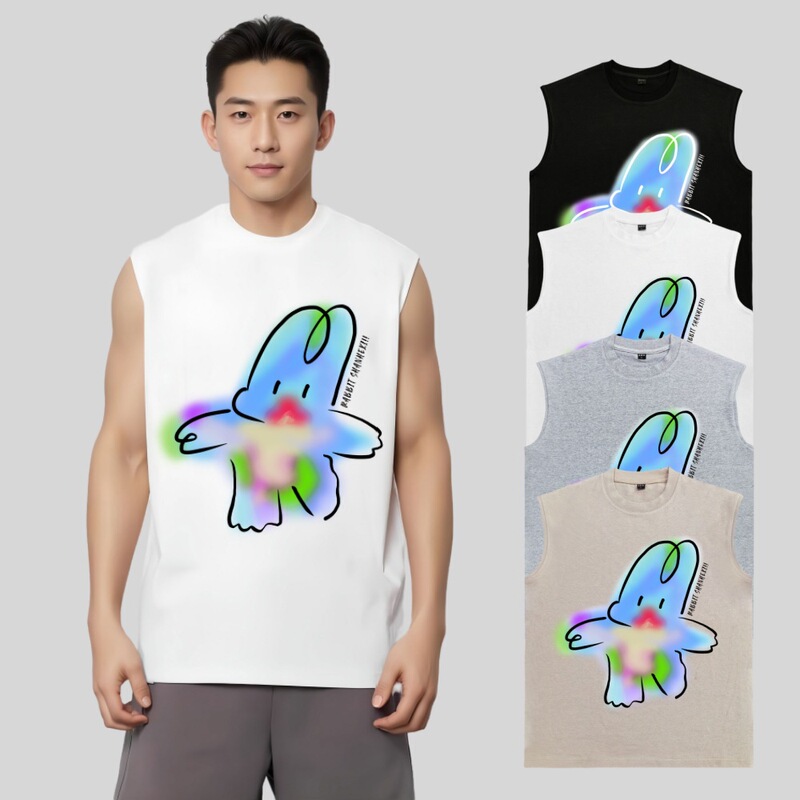 Fuzzy Rabbit Print Casual Heavy 300G Vest Men's Summer Fashion Brand All-match Loose Waistcoat Sports Base Shirt