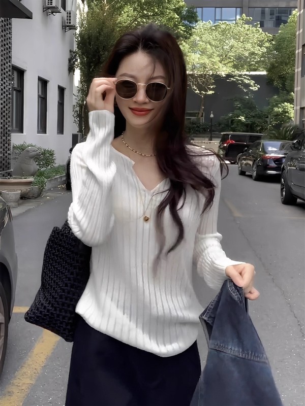 法式高级感独特漂亮白色V领上衣女2025年秋季新款针织衫设计小众|undefined