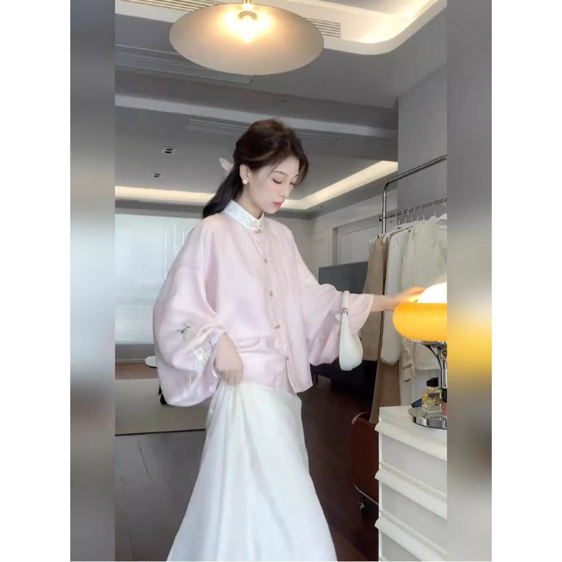 大码胖新中式国风套装改良汉服上衣新款女衬衫马甲半身裙三件套|undefined
