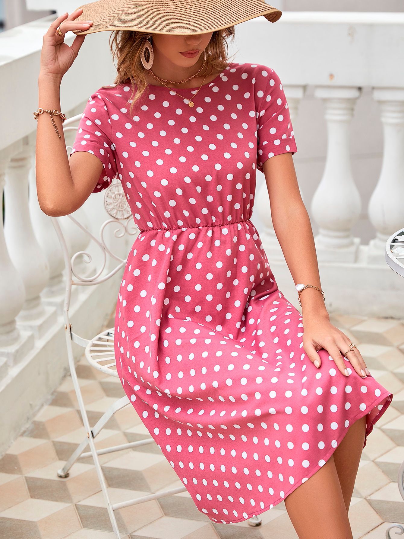 Women Clothing Comfortable Vacation Casual Chiffon Polka Dots Slimming Dress