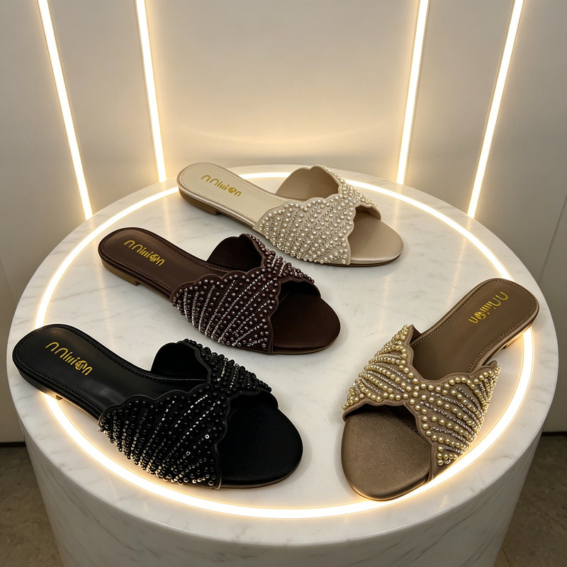 2026 Summer New Women's Shoes with Artificial Pearls and Sequin Embellishments, Round-Toe Flat Slippers, African Fashion