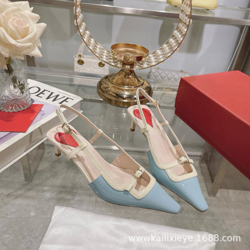 2025R New Classic Backless Sandals with Small Square Toe, Jelly Color, Chunky Heel, Color-Blocking Patent Leather, and Back Strap High Heels