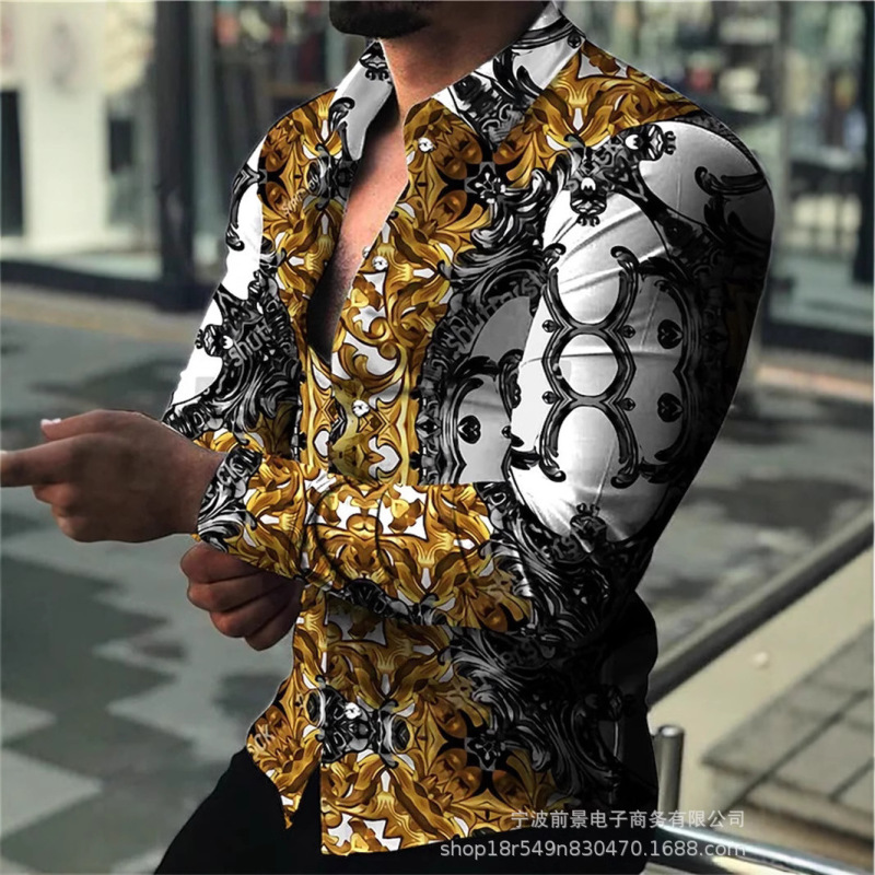 2025wish AliExpress 新しいメンズ 3D デジタルプリント長袖シャツ春メンズラペルスリムトップ|undefined