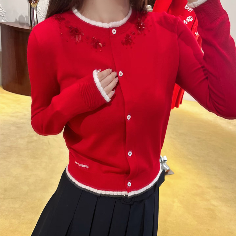 [in Stock] Festive Christmas Atmosphere Sequin-Decorated Color-Block Single-Breasted Knitted Cardigan 251276