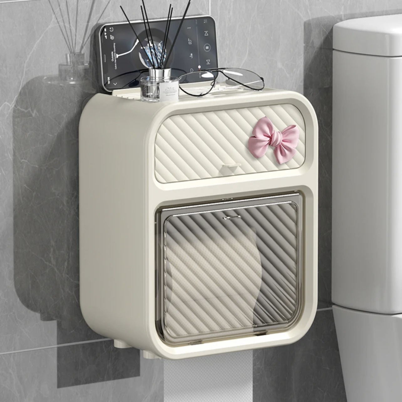 Baño de pared tipo toallas de papel estante de almacenamiento lujoso ligero baño sin perforación doble capa de papel de inodoro caja de extracción de papel