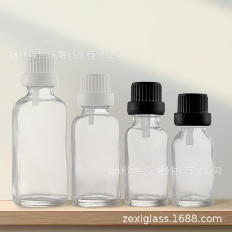 In-Stock Transparent Essential Oil Bottles with White Large Caps, Small Caps, Sealing Dropper Stoppers, Long Internal Stoppers, and Chicken Beak Stoppers for Serum