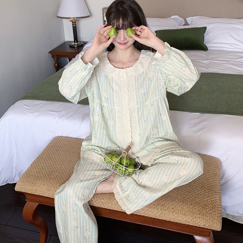 【100% Cotton】All-cotton lace-trimmed cotton gauze pajamas with long sleeves and long pants, 2026 autumn new cute and age-reducing home wear 【100% Cotton】All-cotton lace-trimmed cotton gauze pajamas with long sleeves and long pants, 2026 autumn new cute and age-reducing home wear
