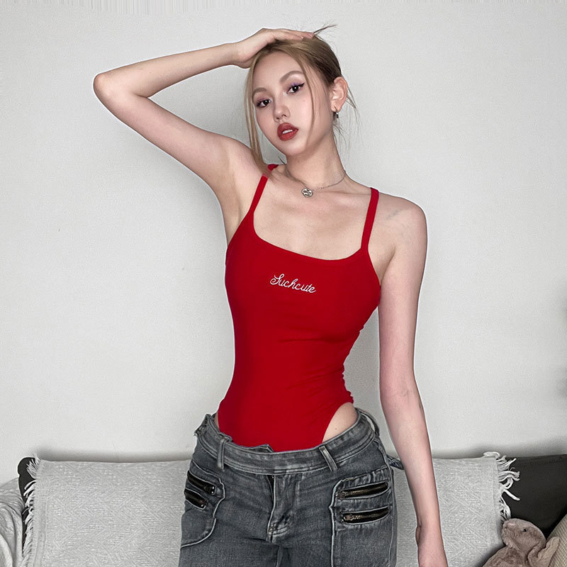 Red White Design Sense Niche Embroidered Sleeveless Bodysuit Women's Slim-fit Low Collar Backless Vest with Trendy Top