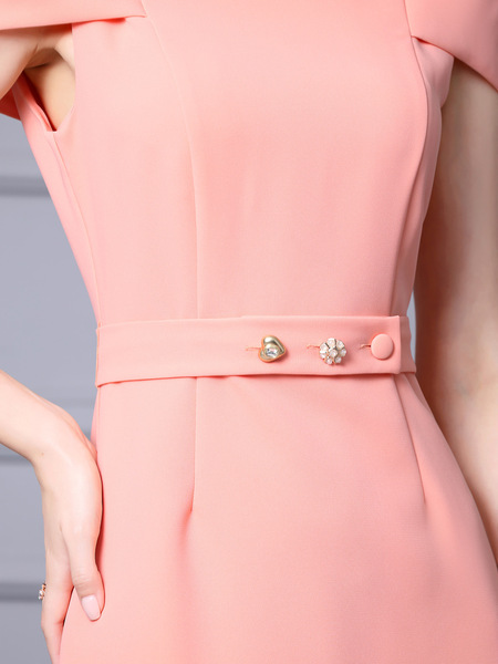 Zhili High end Pink Dress 2024 New Belt Waist Panel Short Sleeve Irregular Mid length Dress Summer Style