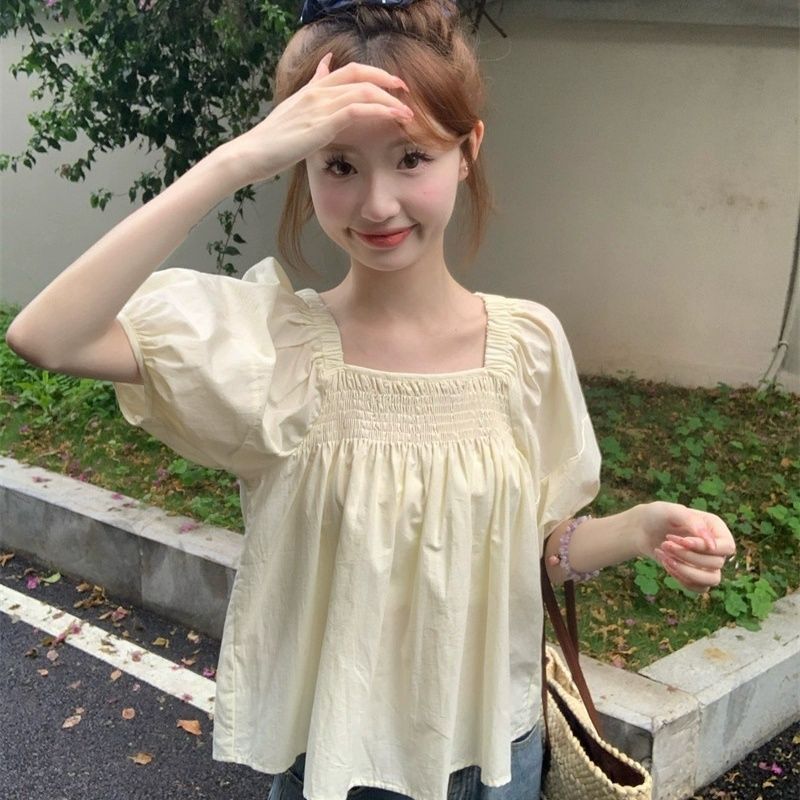 Korean Square Collar Puff Sleeve Shirt for Women Summer New Style Small Pleated Design Short-Sleeved Loose Slimming Top