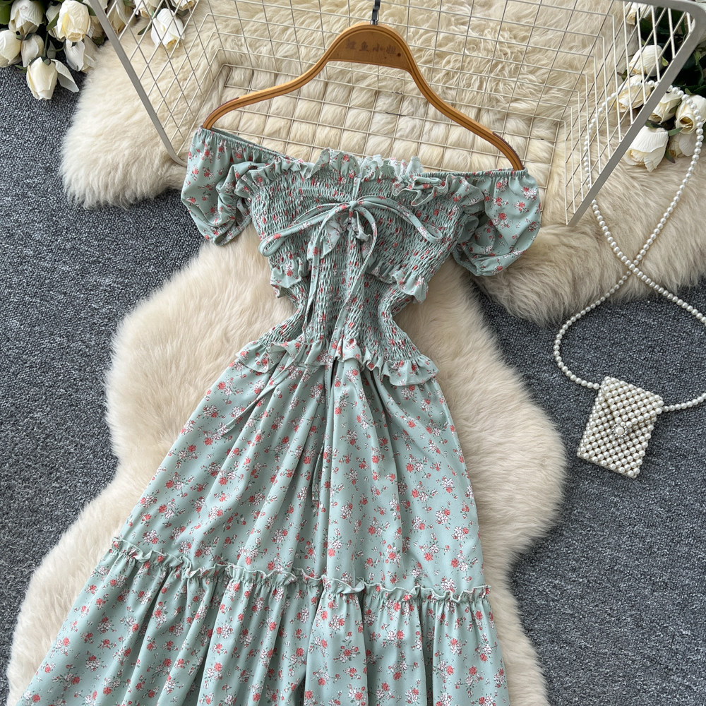 Women's French Sweet Style Square Neck Floral Dress Summer Korean Pleated Waist Tie A-Line Elegant Long Red Dress_ecoleips.com