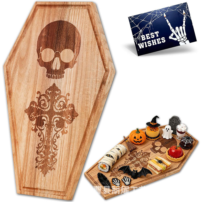 Halloween Tray Solid Wood Gothic Style Decorative Board Horror Theme Skull Plate Wooden Cheese and Deli Platter Wholesale
