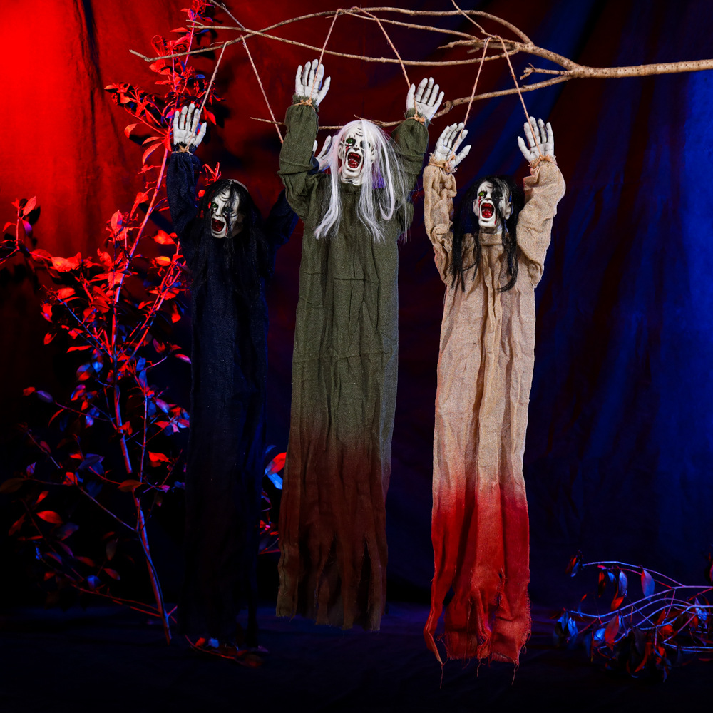 Halloween transfronterizo colgar fantasmas de tres cabezas cascada colgar fantasmas habitaciones secretas patio colgar decoración de horrores accesorios