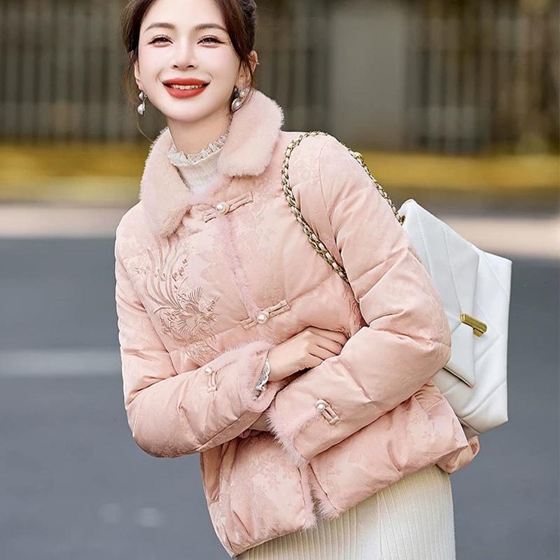 2025 Winter Lapel Imitation Mink Velvet Button New Chinese Fashion down Jacket Women's Short Embroidered Petite Jacket
