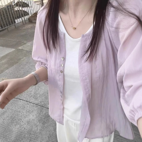 French-style gentle lavender silk-linen sun shirt for women, summer thin model, outerwear overlay tunic, loose bell sleeve blouses and coats