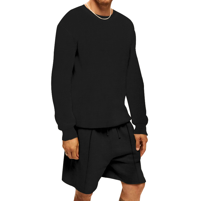Estación independiente Camiseta europea y americana de manga larga de gofres verano traje deportivo casual de los hombres pantalones cortos de manga larga conjunto de dos piezas de los hombres