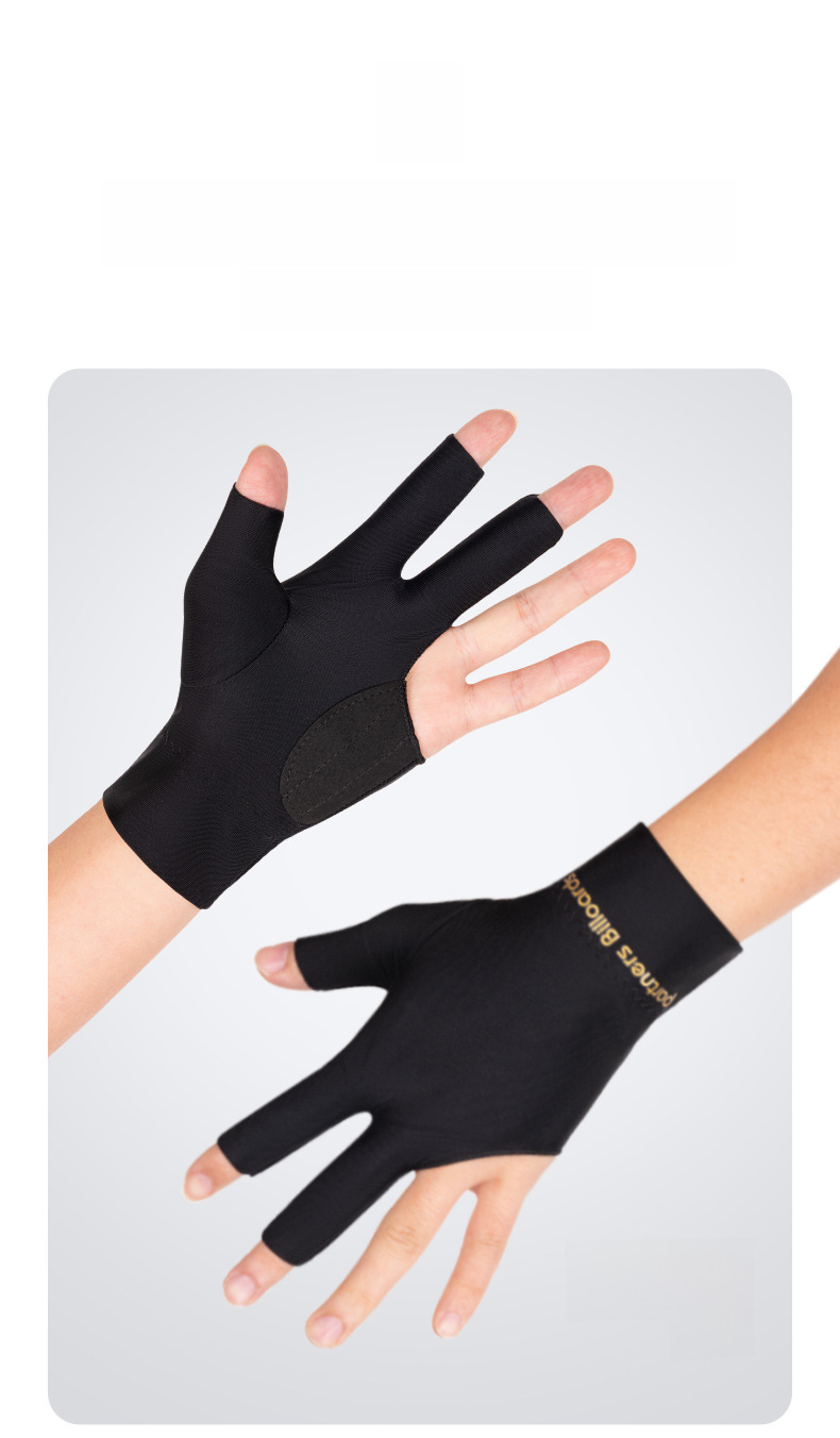 Luvas de bilhar de snooker pretas masculinas e femininas de três dedos, luvas de algodão antiderrapantes com adesivos para mão esquerda única, vendas diretas da fábrica_voghion.com